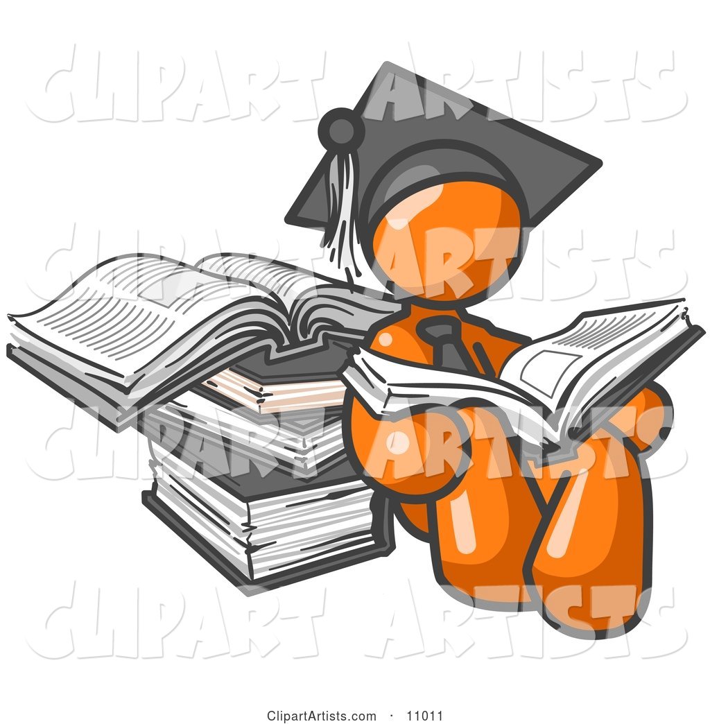 Orange Male Student in a Graduation Cap, Reading a Book and Leaning Against a Stack of Books