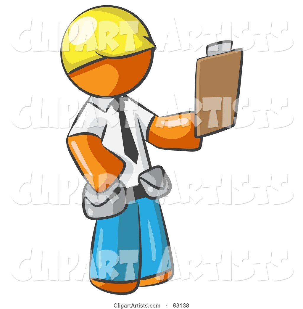 Orange Man Construction Site Supervisor Holding a Clipboard