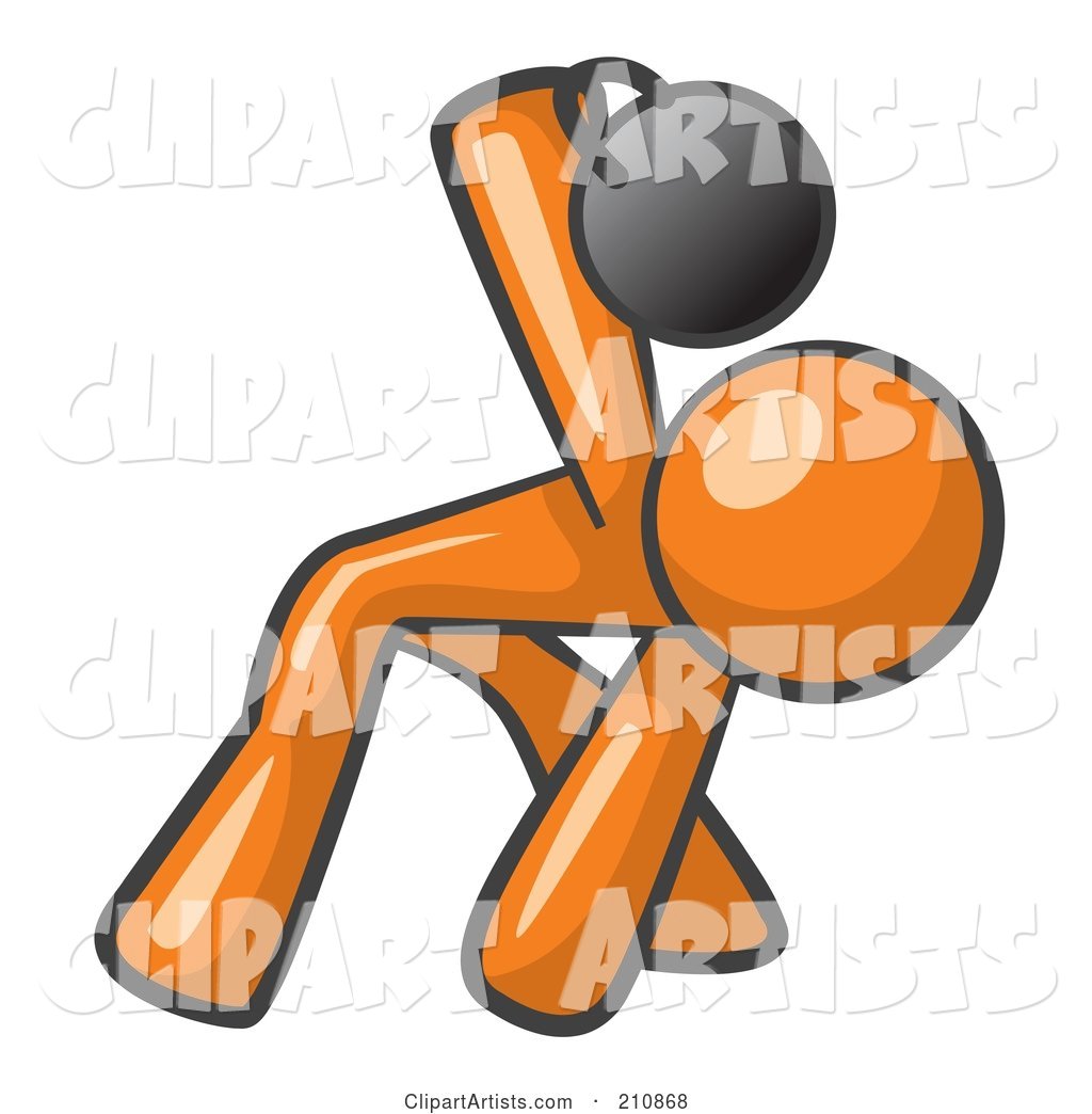 Orange Man Design Mascot Bent over and Working out with a Kettlebell