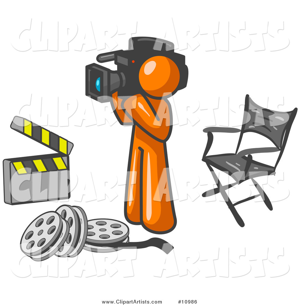 Orange Man Filming a Movie Scene with a Video Camera in a Studio