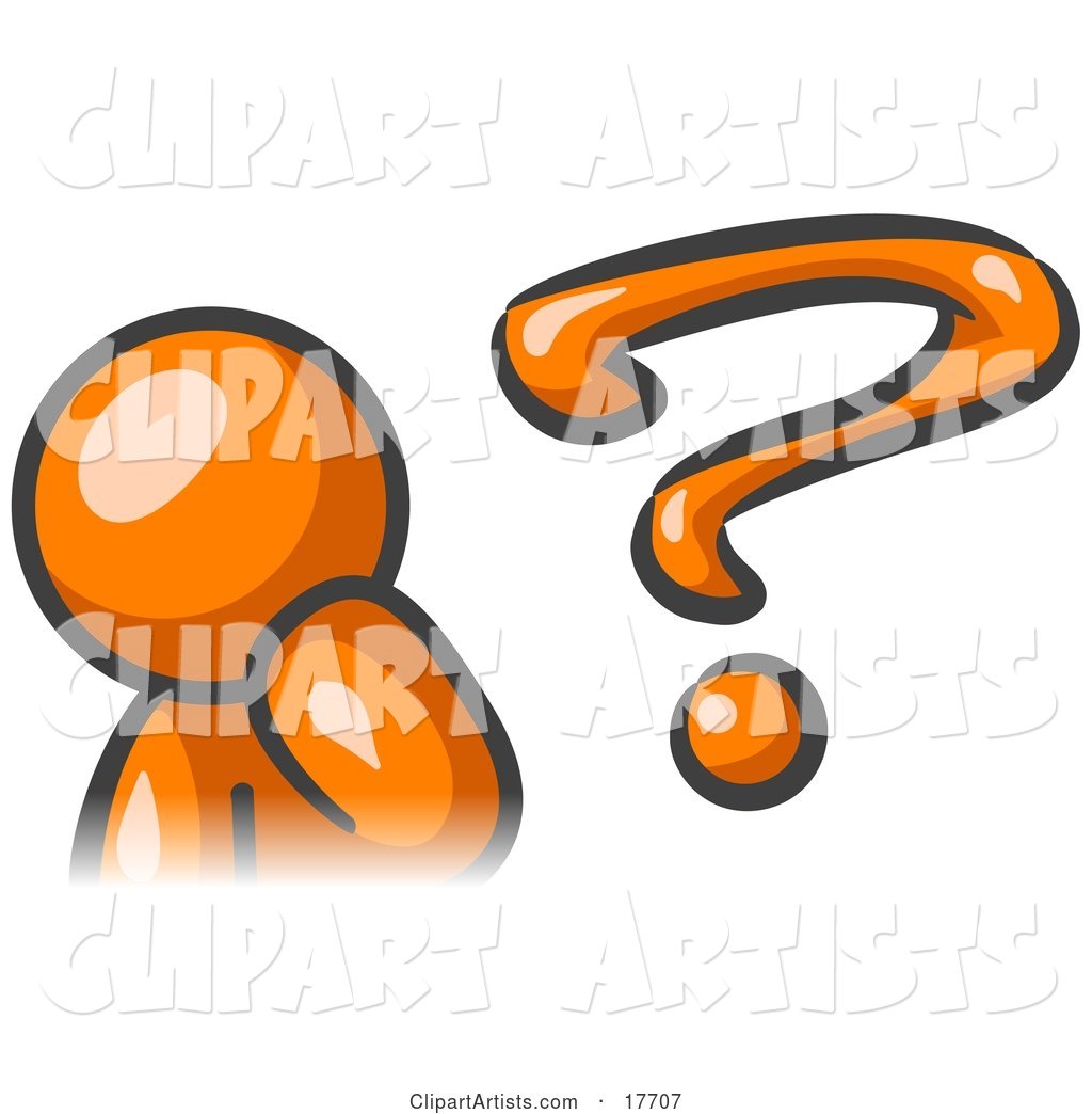 Orange Man Rubbing His Chin and Posed by a Question Mark, Symbolizing, Curiousity, Confusion and Uncertainty