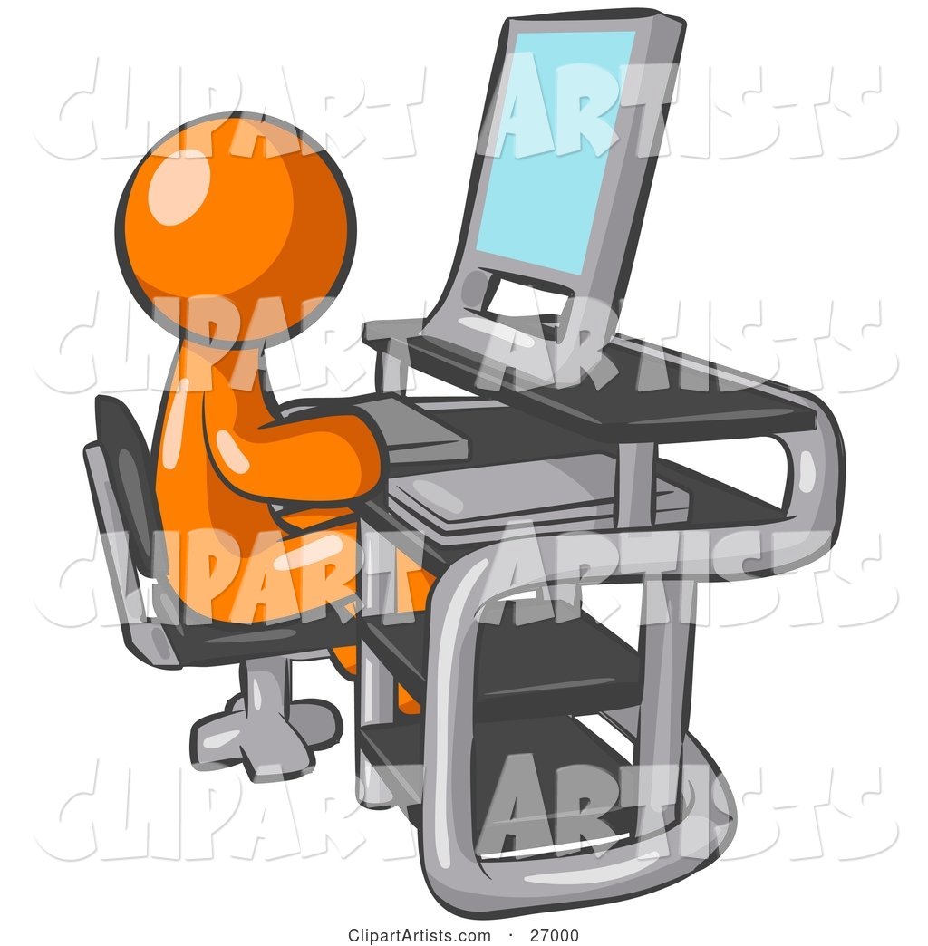Orange Man Sitting at a Desk in Front of a Computer with a Scanner at His Side