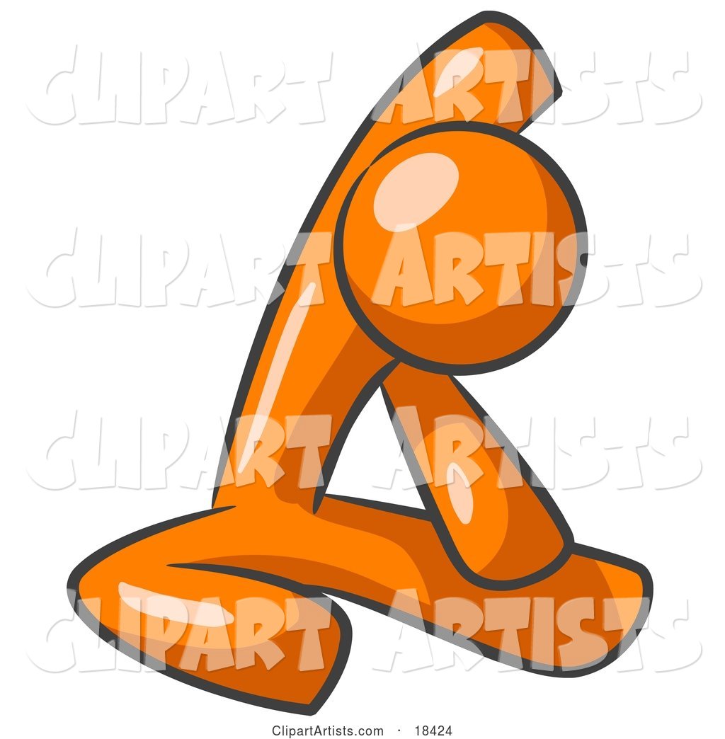 Orange Man Sitting on a Gym Floor and Stretching His Arm up and Behind His Head