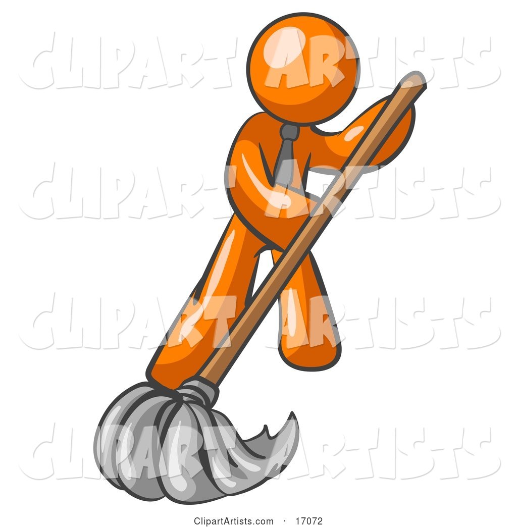 Orange Man Wearing a Tie, Using a Mop While Mopping a Hard Floor to Clean up a Mess or Spill