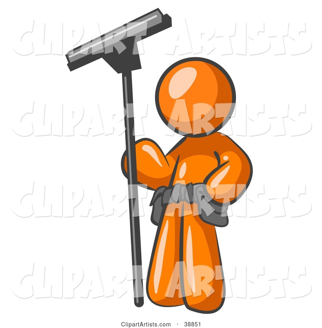 Orange Man Window Cleaner Standing with a Squeegee