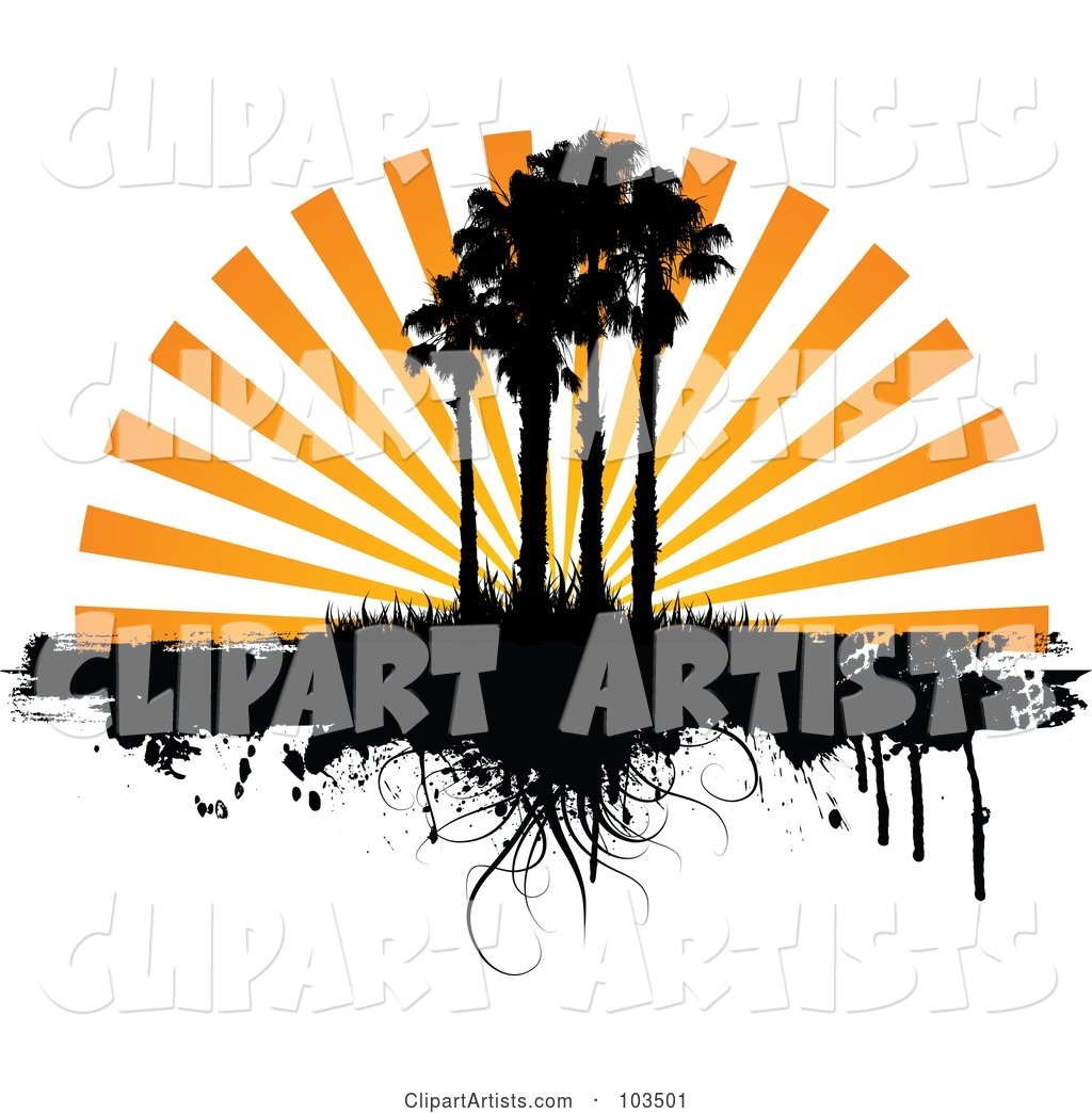 Orange Sunset Rays Silhouetting Palm Trees and Grass, with Dripping Grunge