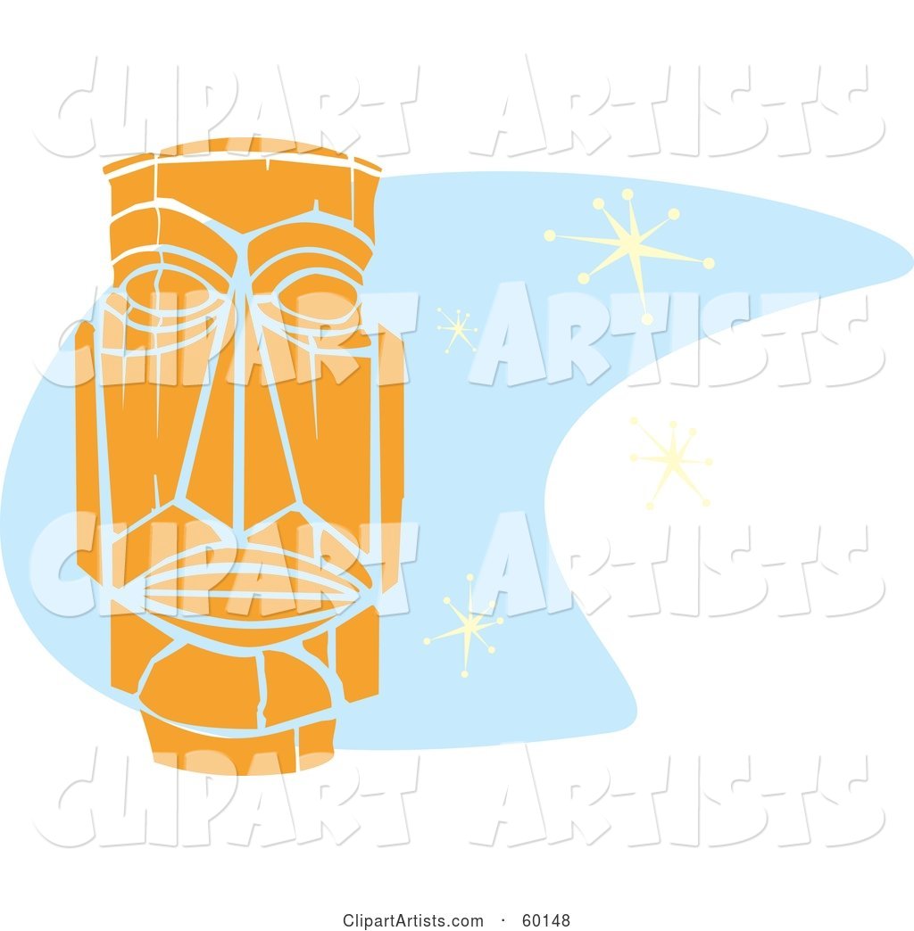 Orange Tiki Carving in Retro Style, over Blue with Stars