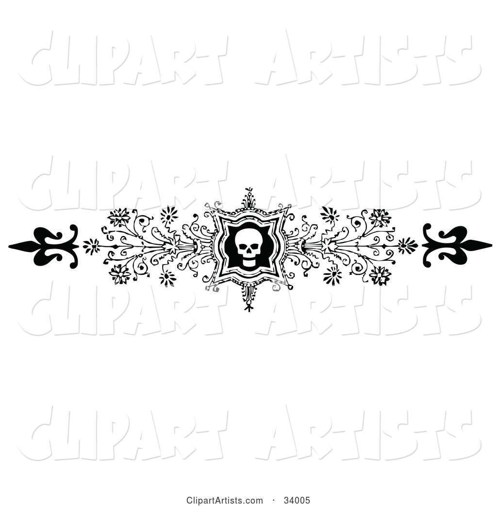 Ornate Black and White Skull and Flower Header, Divider, Banner or Lower Back Tattoo Design