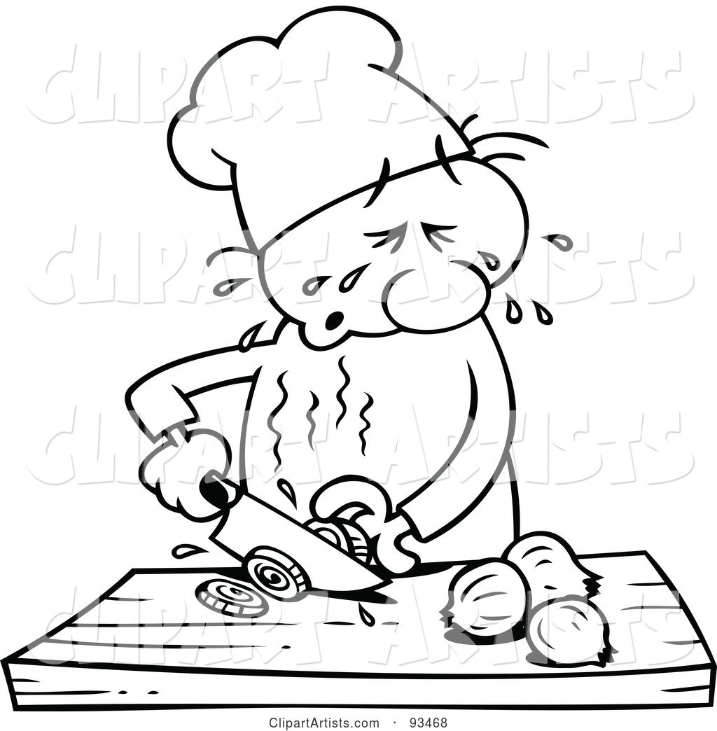 Outlined Chef Toon Guy Slicing Onions and Crying