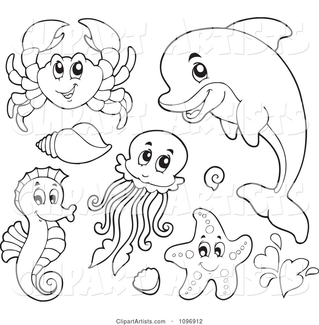 Outlined Cute Crab Dolphin Squid Seahorse and Starfish