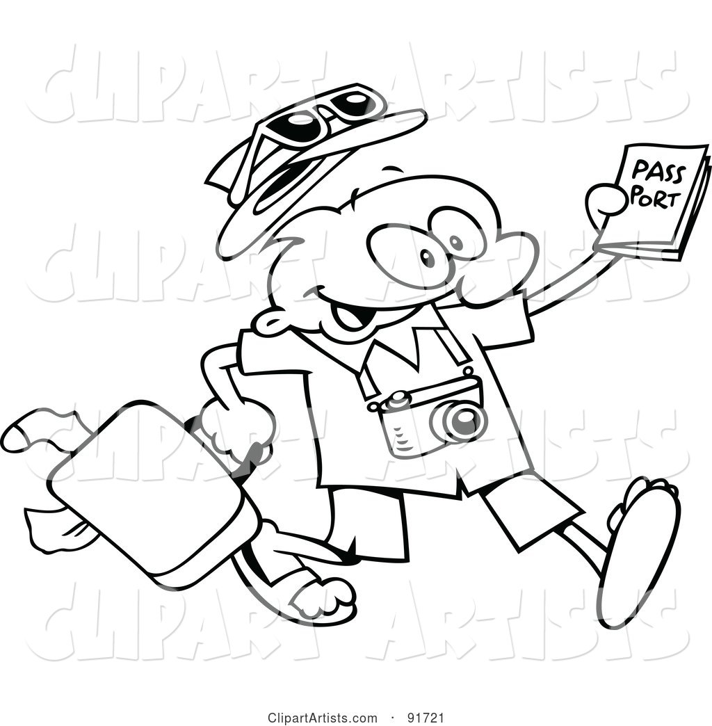 Outlined Traveling Toon Guy Running with His Luggage and Passport