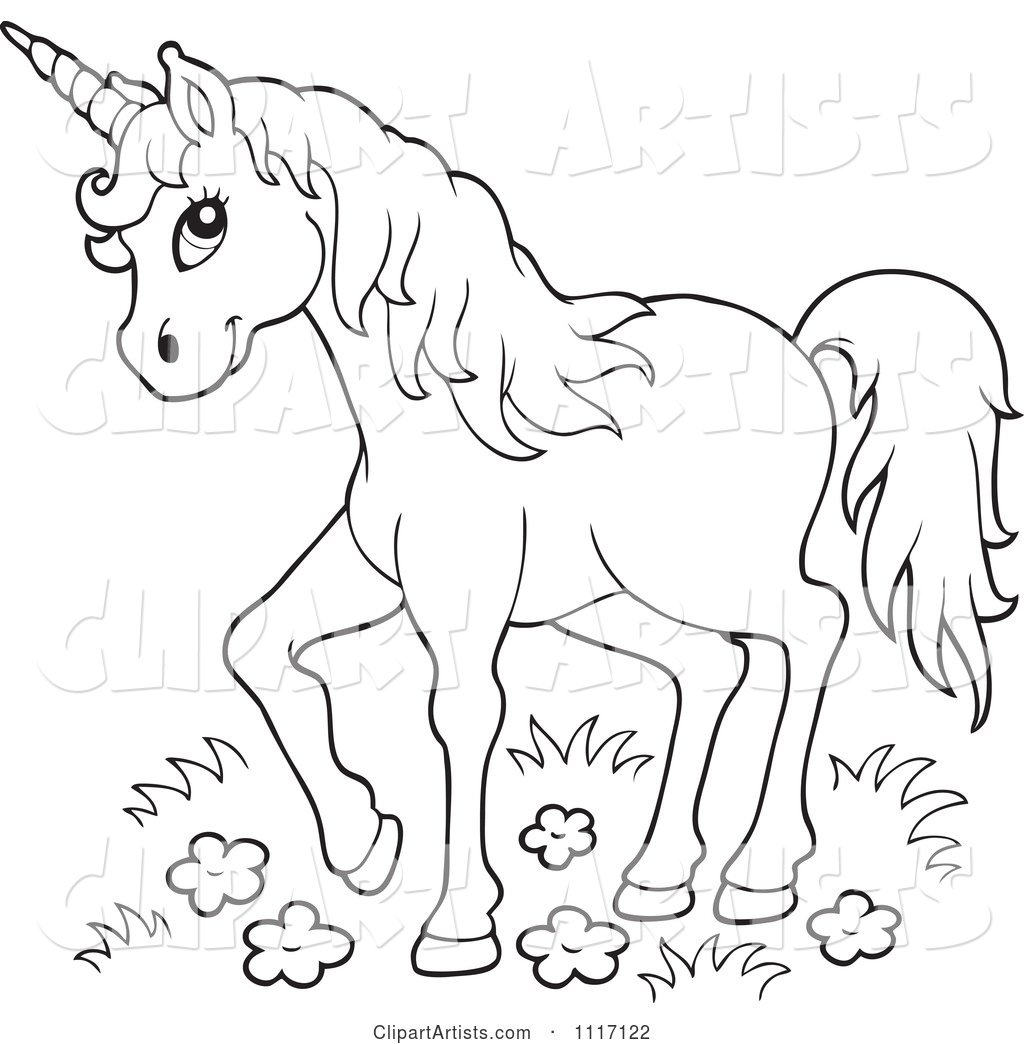 Outlined Unicorn in Wild Flowers and Grass