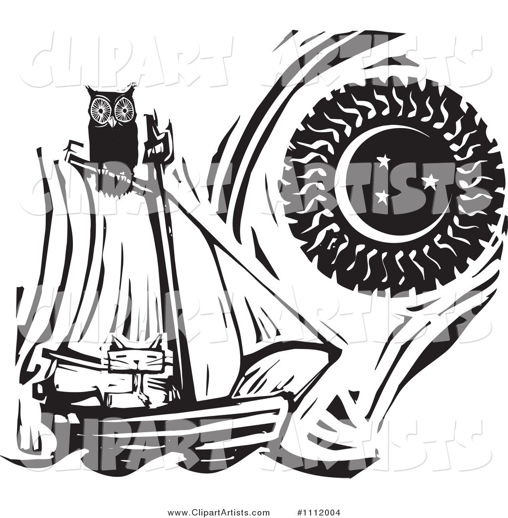 Owl Perched Atop a Cat in a Sailboat Against a Sun and Moon Black and White Woodcut