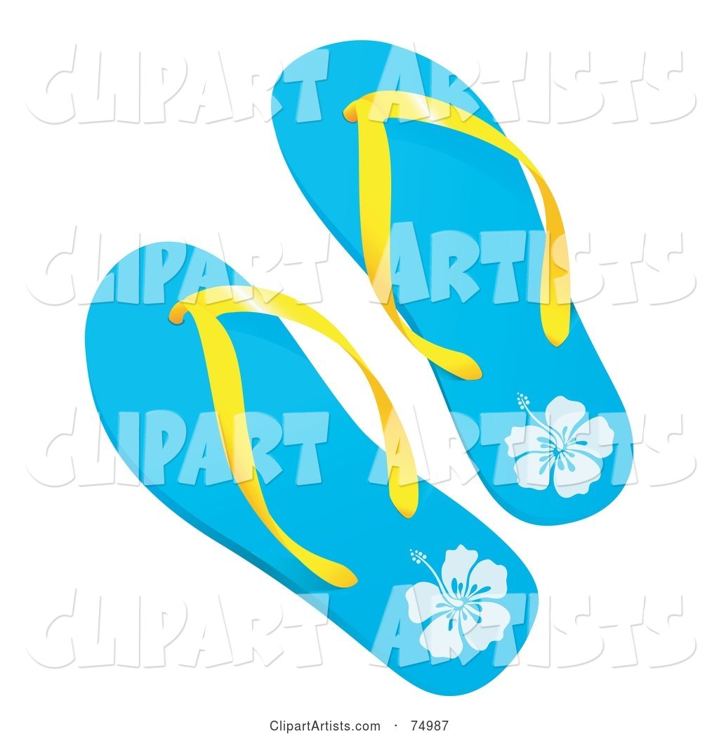 Pair of Blue Tropical Flip Flops with Yellow Plastic