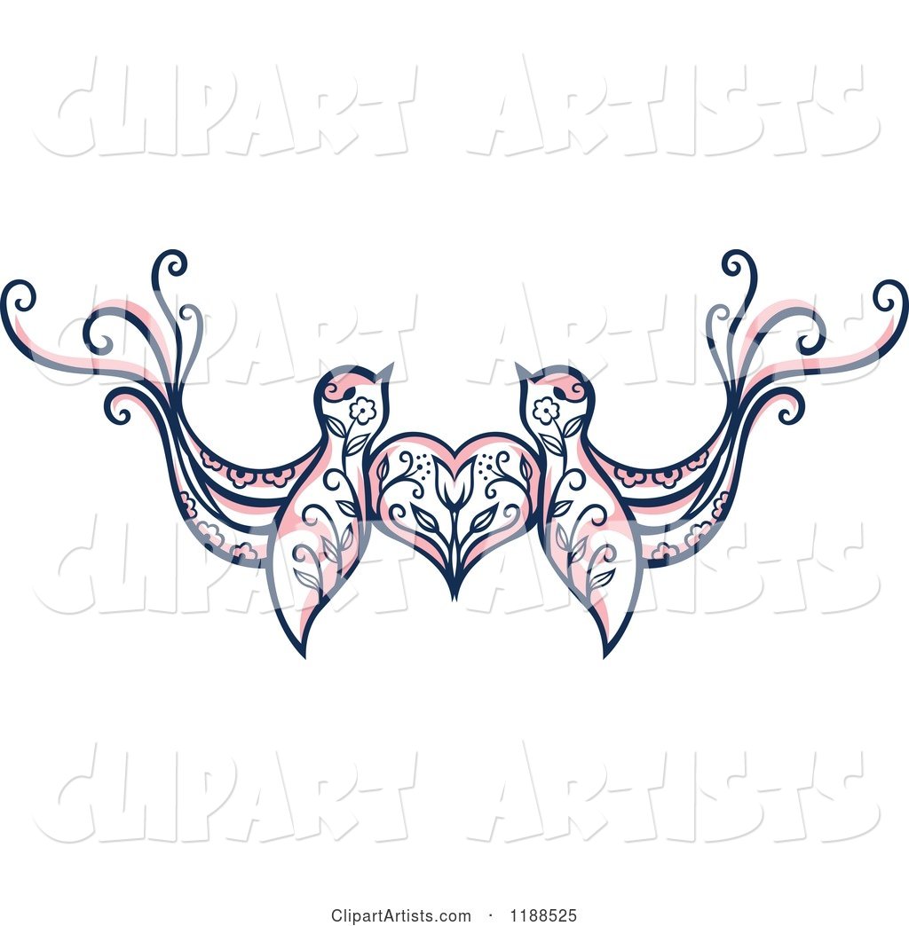 Pair of Floral Love Birds with a Heart