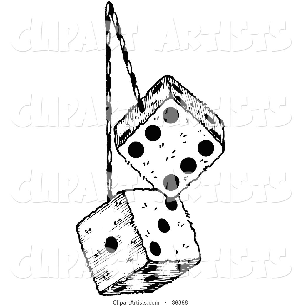 Pair of Fluffy Dice on a String, Hanging from a Rear View Mirror in a Car
