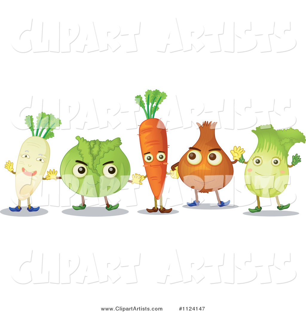 Parsnip Cabbage Carrot Onion and Lettuce Mascots Holding Hands