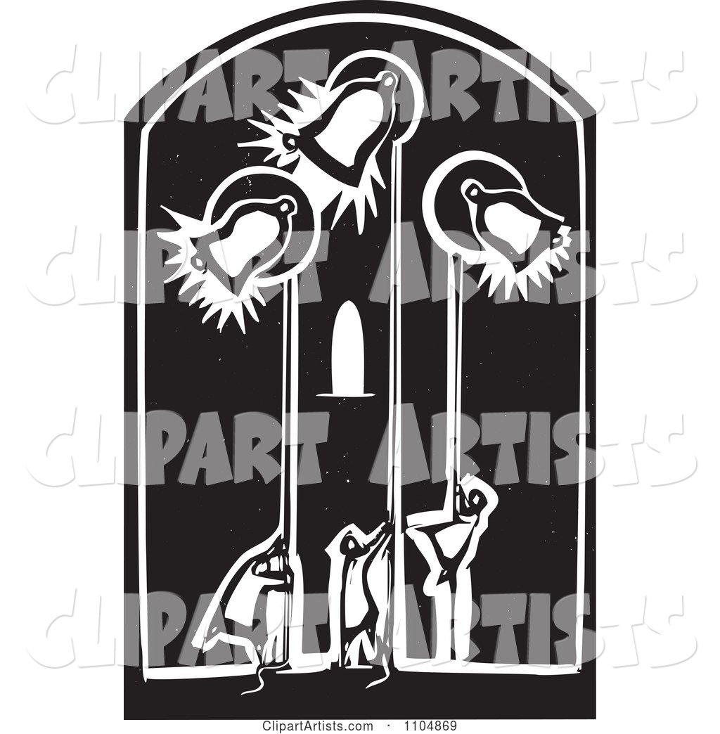 People Ringing Church Bells in a Belfry Black and White Woodcut