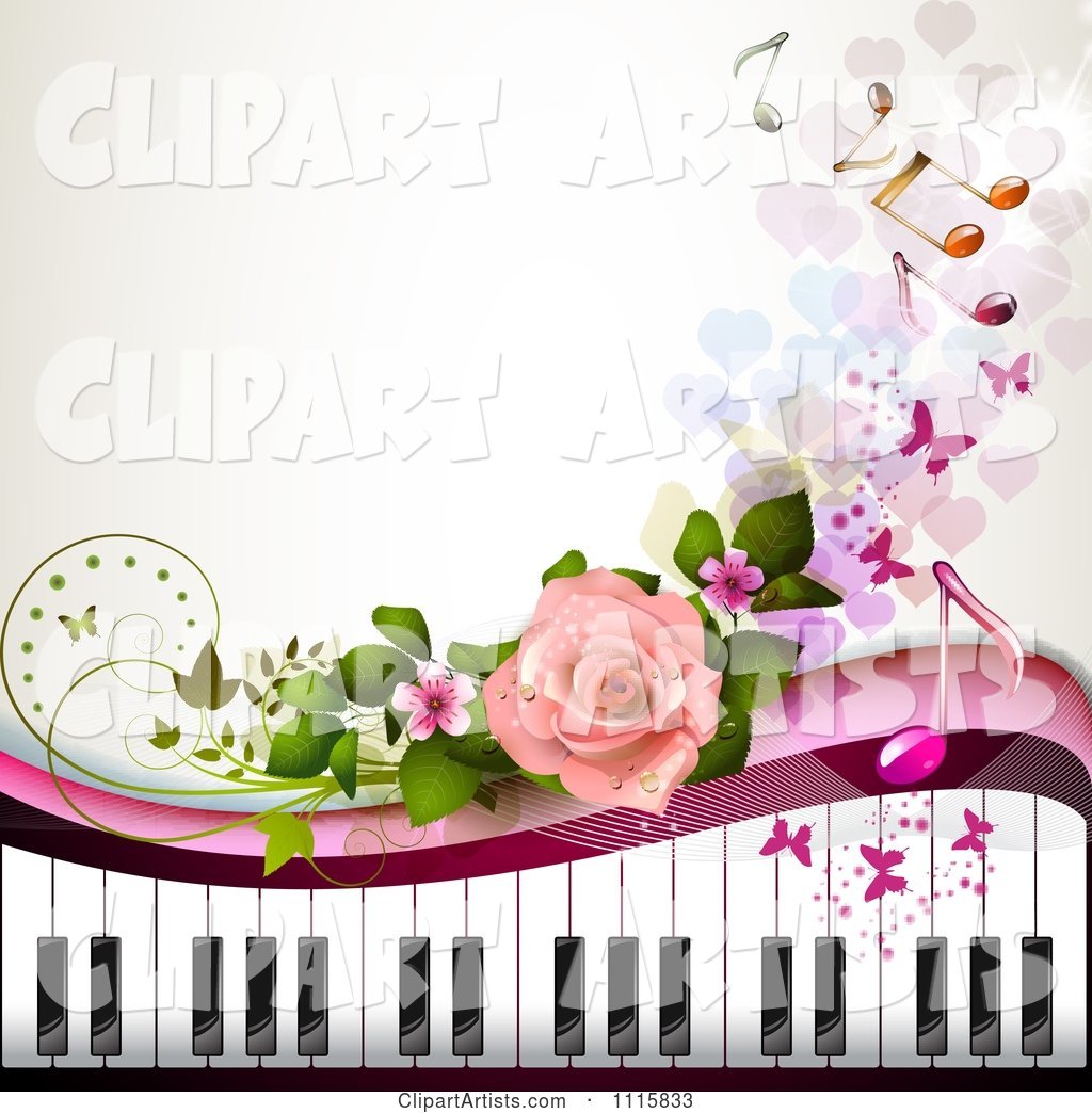 Piano Keyboard and Rose Background with Music Notes 3