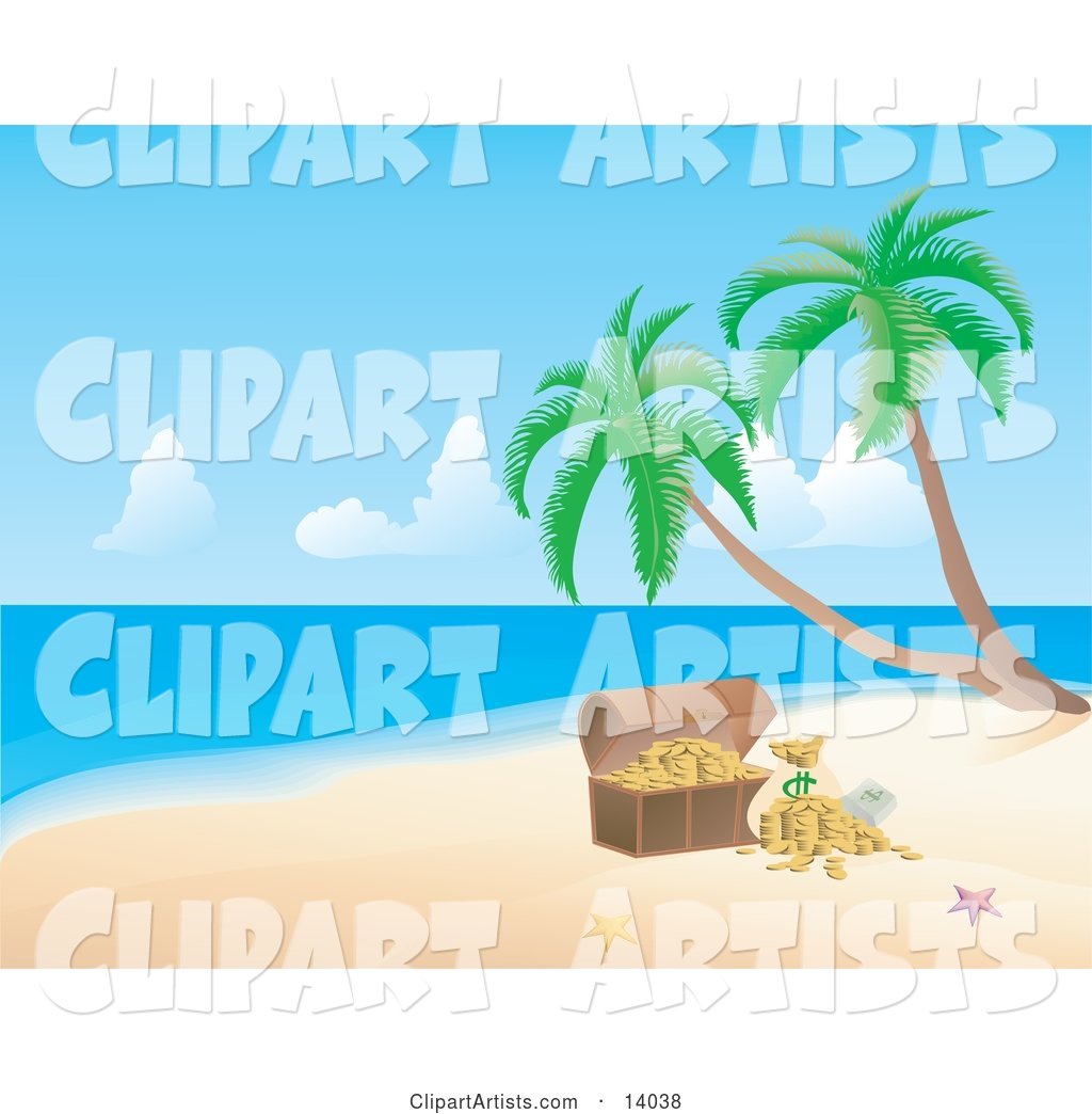 Pink and Orange Starfish on White Sand by a Treasure Chest with Gold on a Tropical Beach with Palm Trees
