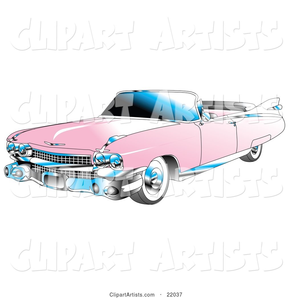 Pink Convertible 1959 Cadillac Car with Chrome Accents and the Top down