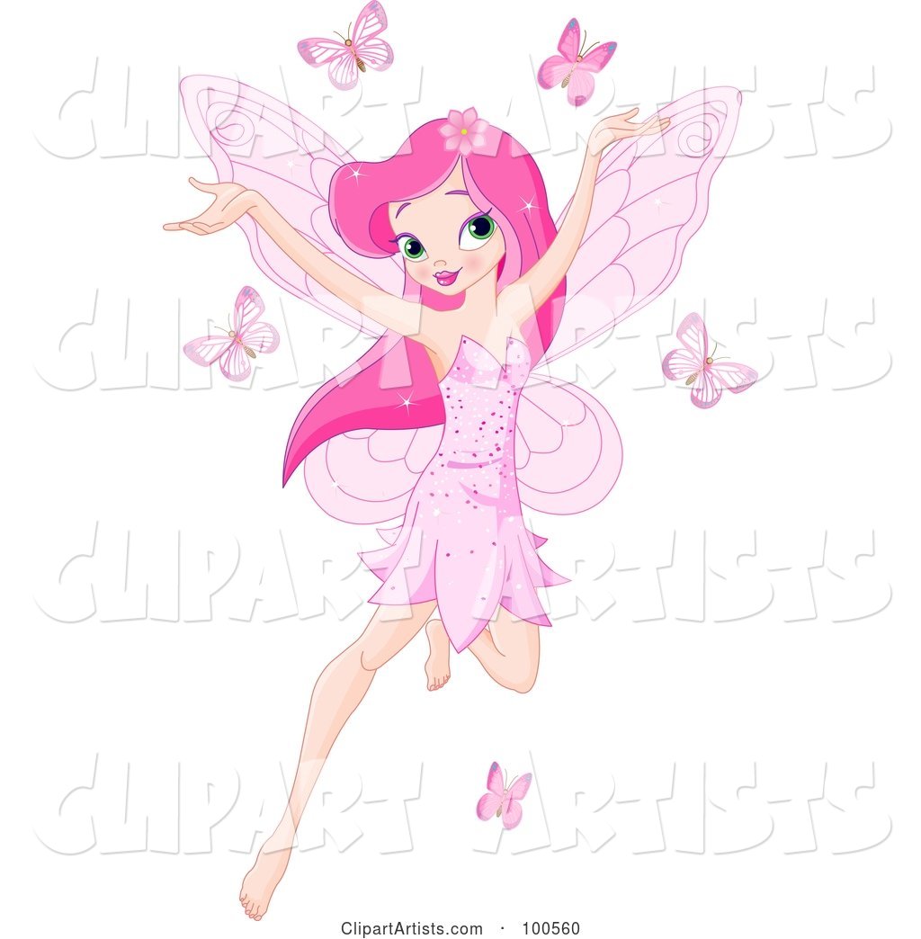 Pink Haired Pixie Girl Flying with Pink Butterflies