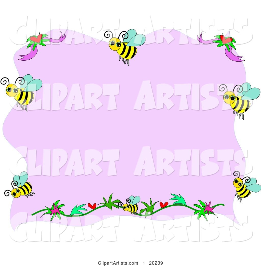 Pink Stationery Background Bordered with Flowers and Happy Honey Bees