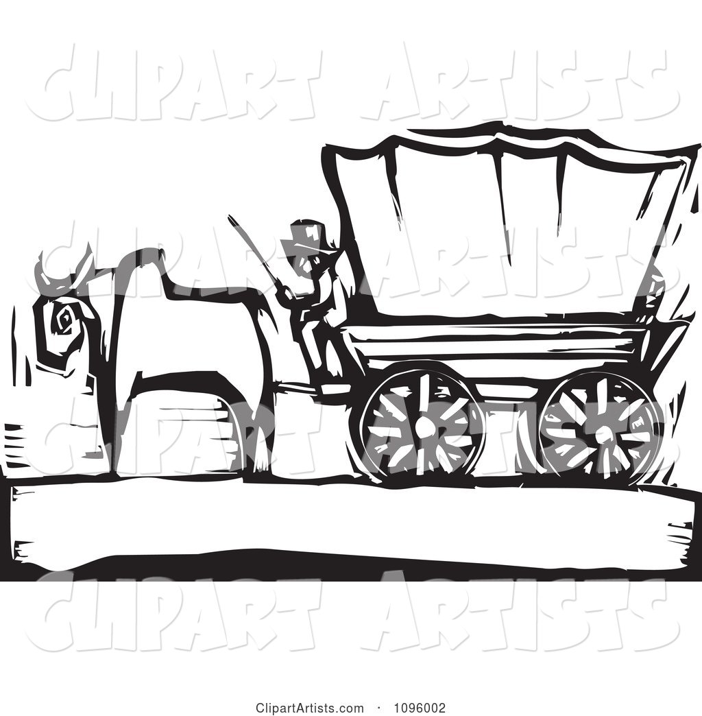 Pioneer and Ox with a Covered Wagon on the Oregon Trail Black and White Woodcut