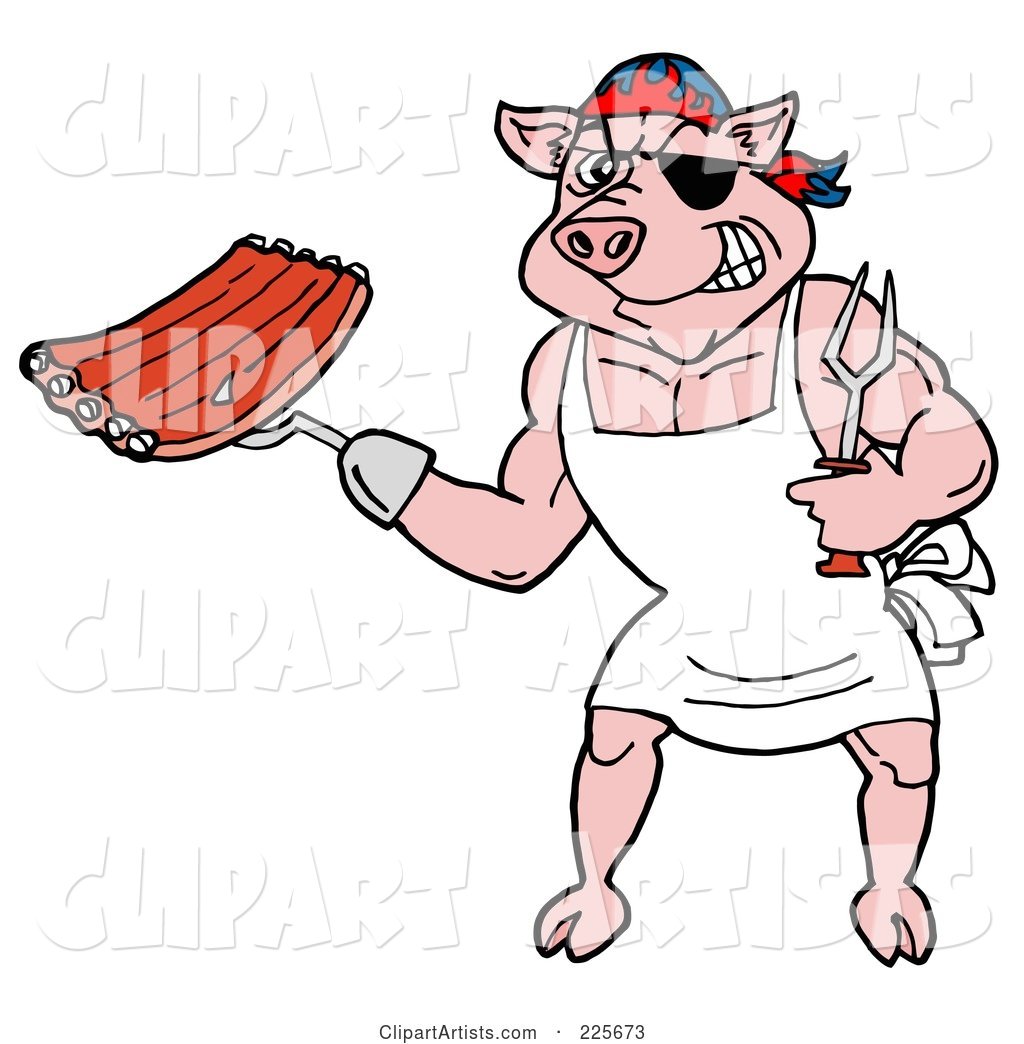 Pirate Pig Chef Holding Ribs with a Hook Hand