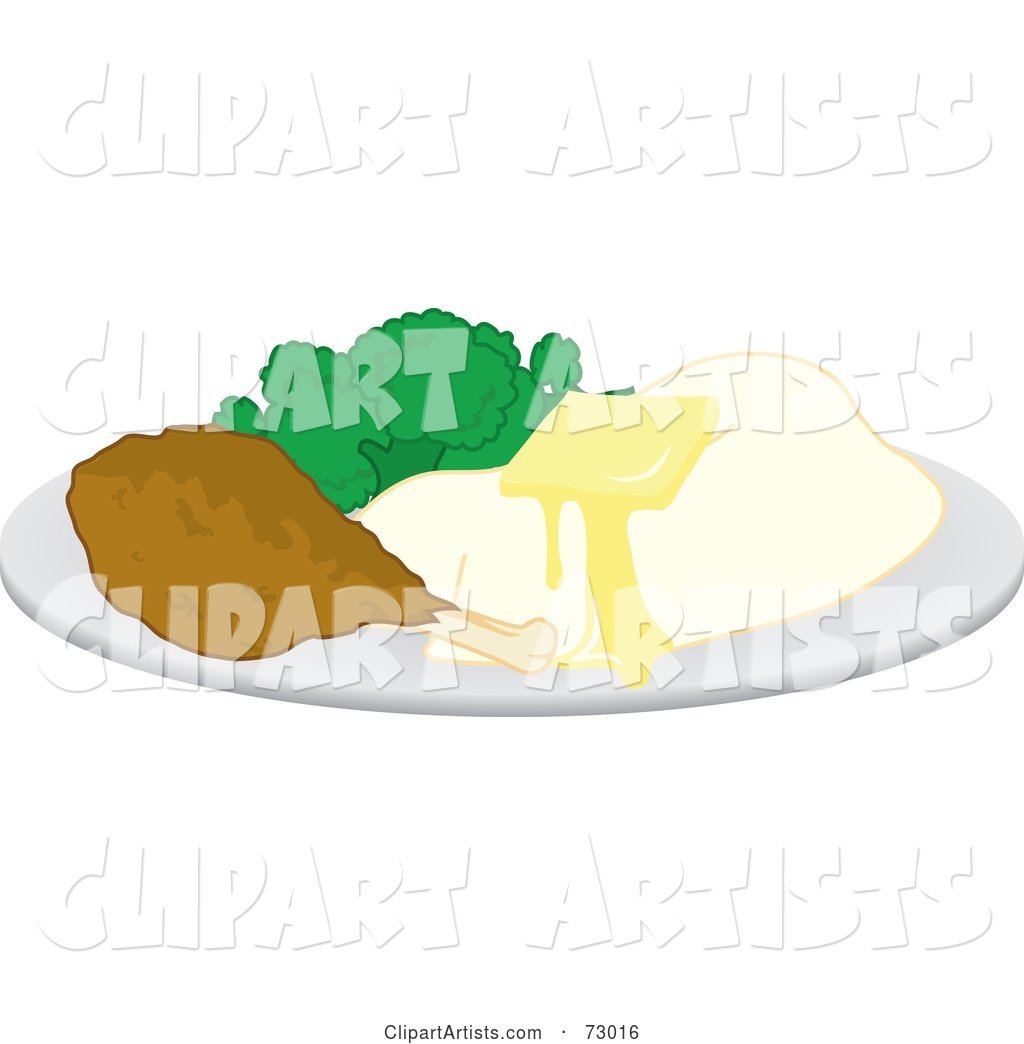 Plate of Buttery Mashed Potatoes, Broccoli and a Chicken Drumstick