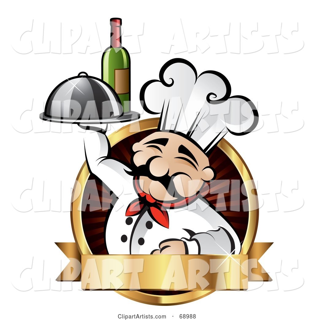 Pleasant Chef Holding Wine and a Platter on a Red Logo with a Gold Banner