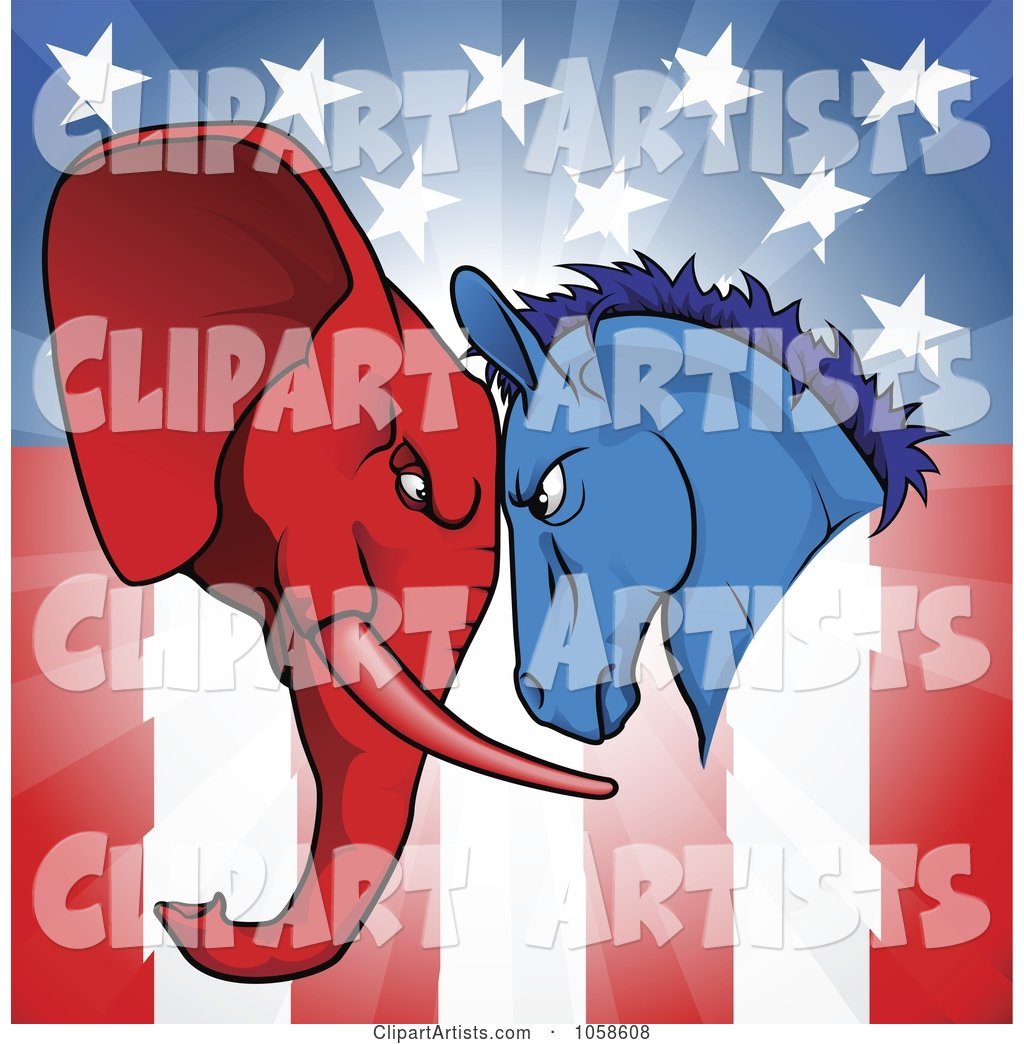 Political Donkey and Elephant Facing off over an American Flag