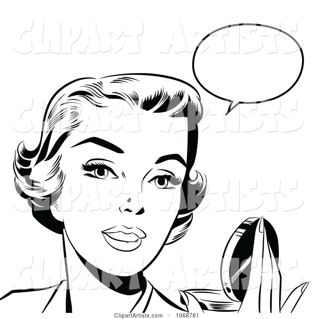 Pop Art Talking Woman Holding a Compact Black and White