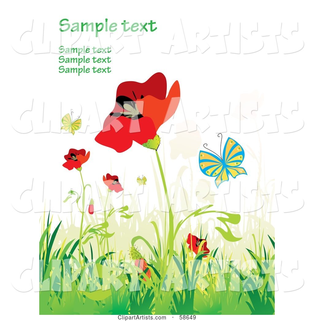 Poppy Field and Butterfly Background with Sample Text - Version 1
