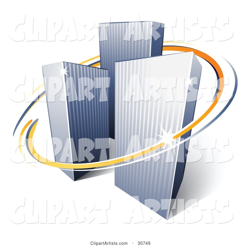 Pre-Made Logo of Orange and Blue Lines Circling Three Tall City Skyscrapers