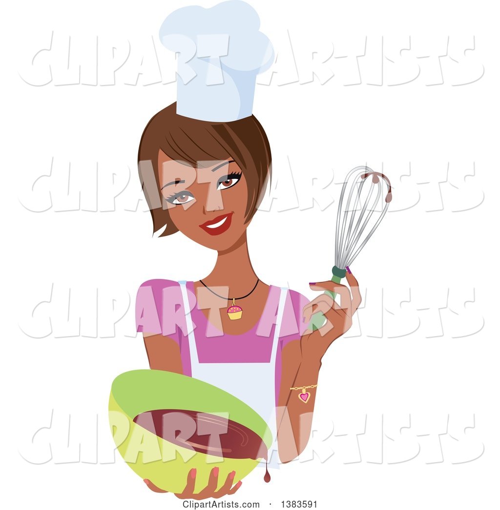 Pretty Black Baker Woman with a Bob Haircut, Holding up a Whisk and a Bowl of Cake Mix
