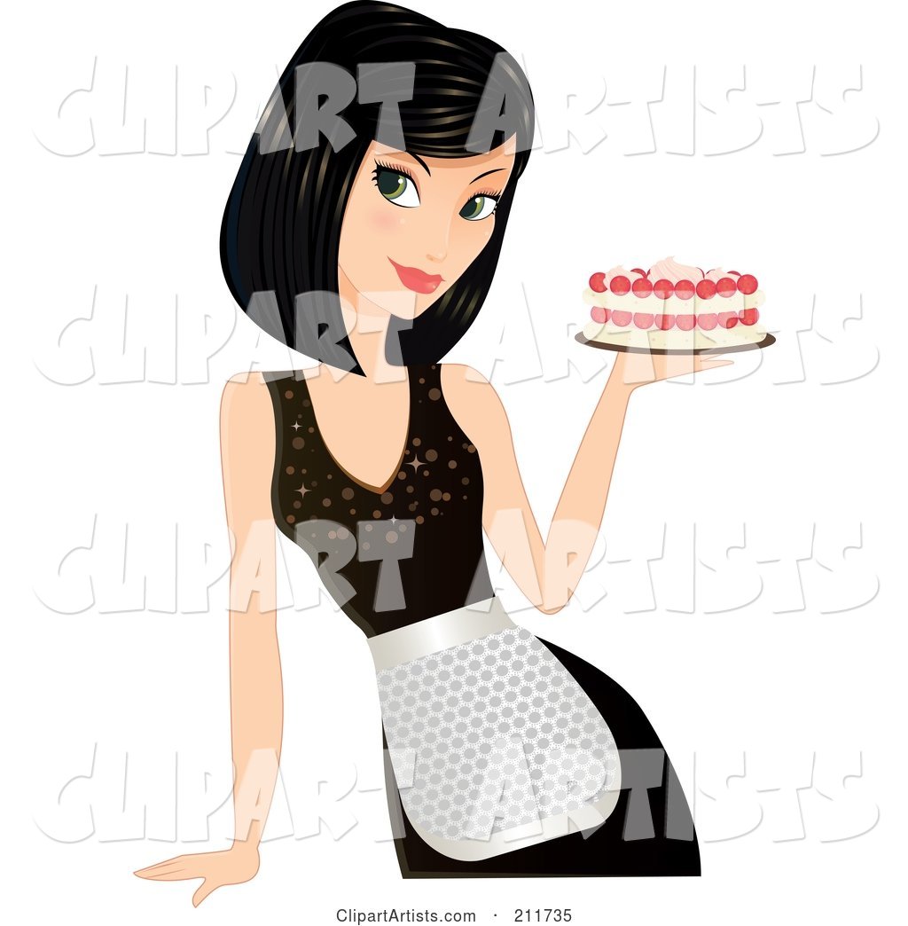 Pretty Black Haired Woman in an Apron, Holding a Cake in Hand