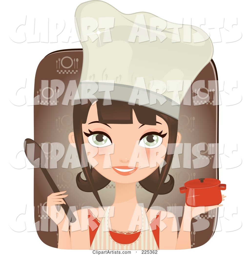 Pretty Brunette Chef Woman Holding a Casserole Dish and Spoon over a Brown Square