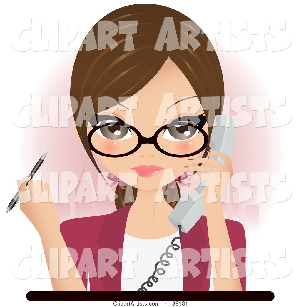 Pretty Brunette Secretary, Assistant or Receptionist Holding a Phone and a Pen While Taking a Call in an Office