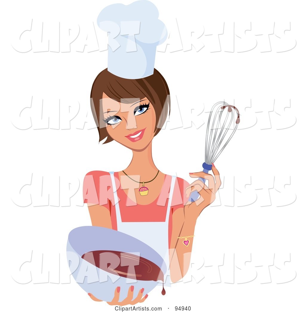 Pretty Brunette Woman Holding up a Whisk and a Bowl of Cake Mix