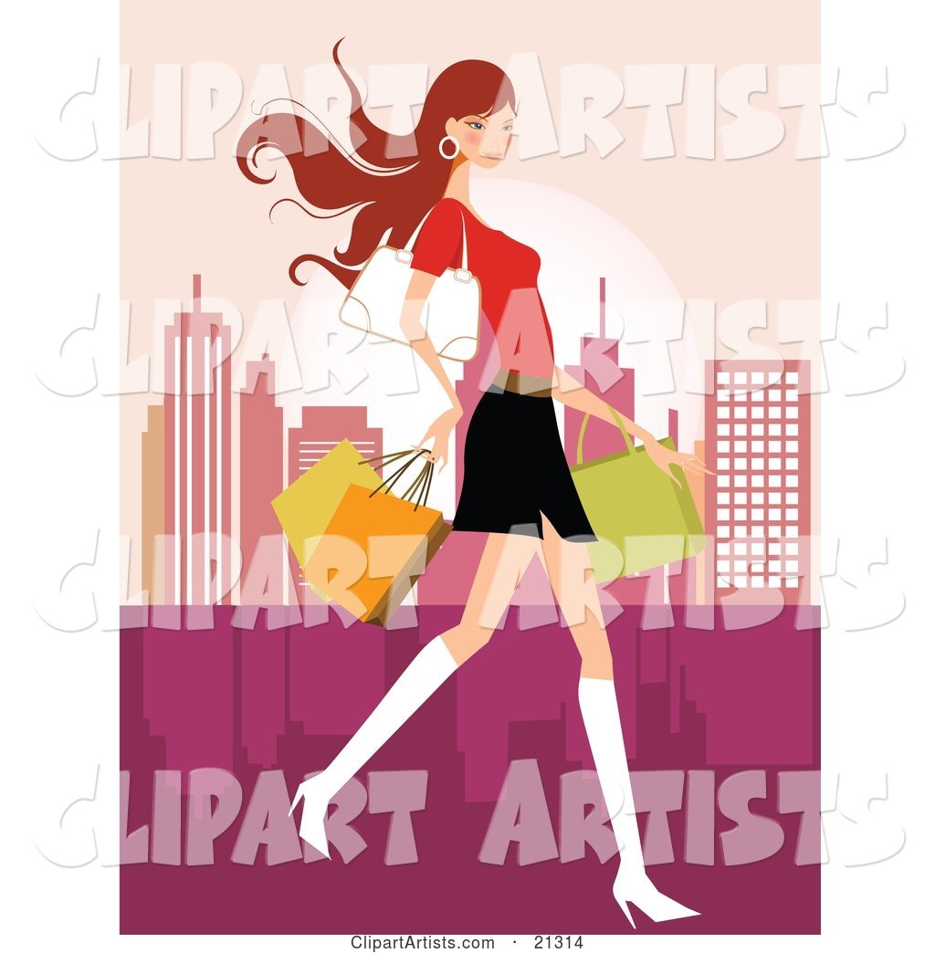 Pretty Caucasian Woman in a Mini Skirt and Boots, Carrying a Purse and Shopping Bags While Touring a City