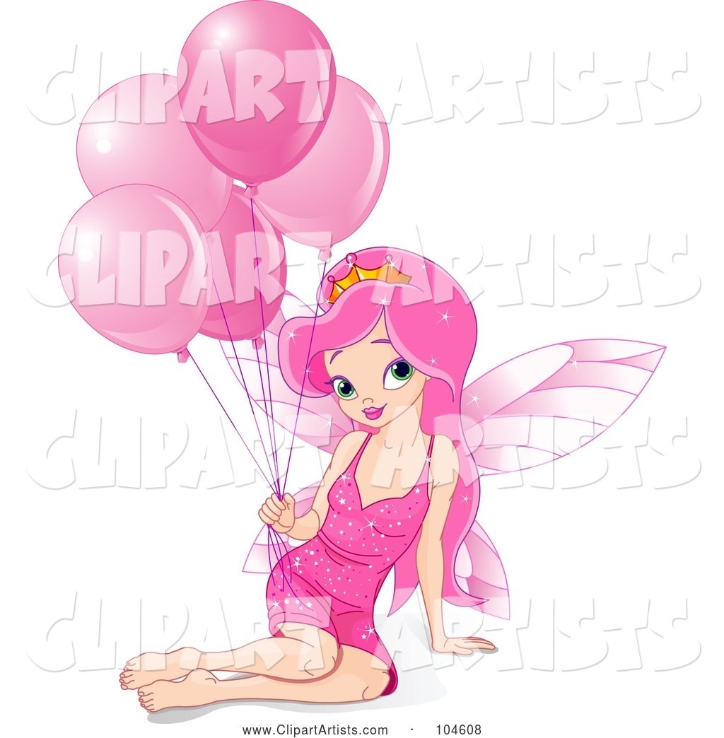 Pretty Fairy Princess Girl with Long Pink Hair, Sitting with a Bunch of Pink Birthday Balloons