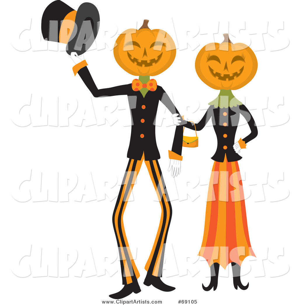 Pumpkin Head Couple Walking Arm in Arm