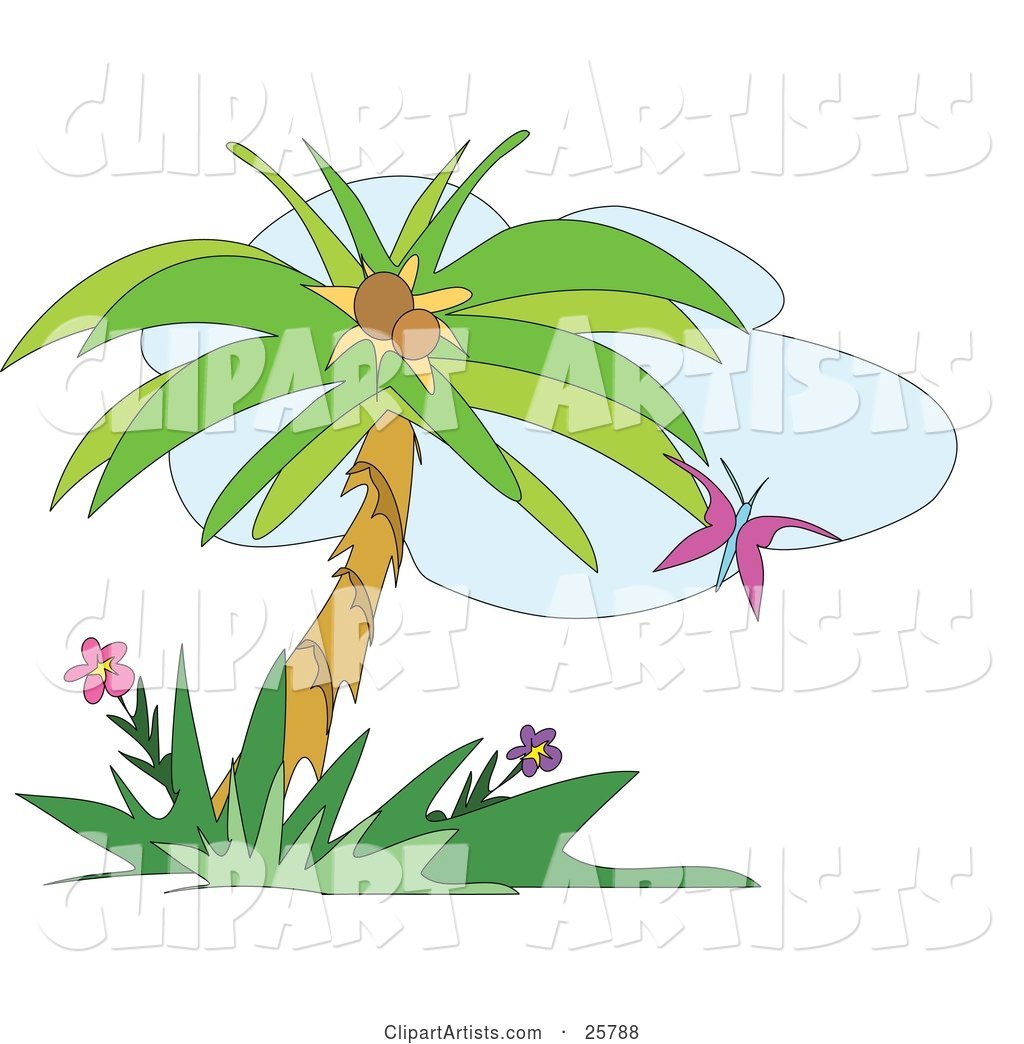 Purple Butterfly Fluttering near a Coconut Palm Tree and Flowers