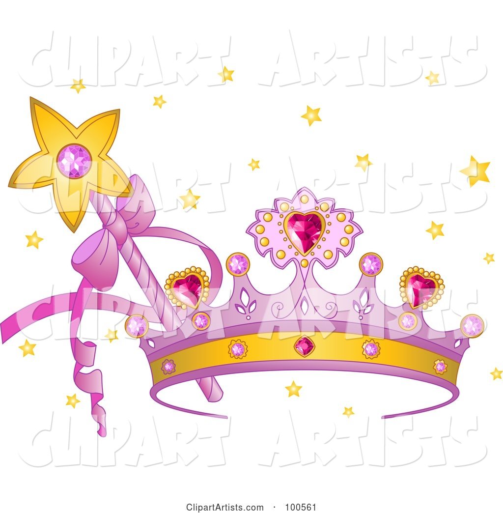 Purple Princess Crown with Pink Heart Gems, a Wand and Stars