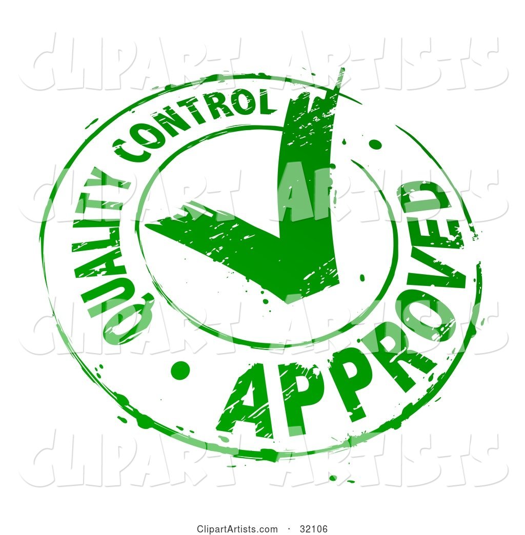 Quality Control Approved Stamp of a Green Check Mark in a Circle, on a White Background