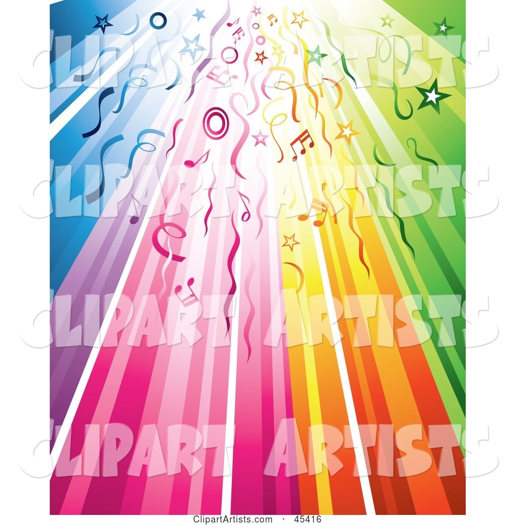 Rainbow Party Background with Streamers, Circles, Stars and Music Notes