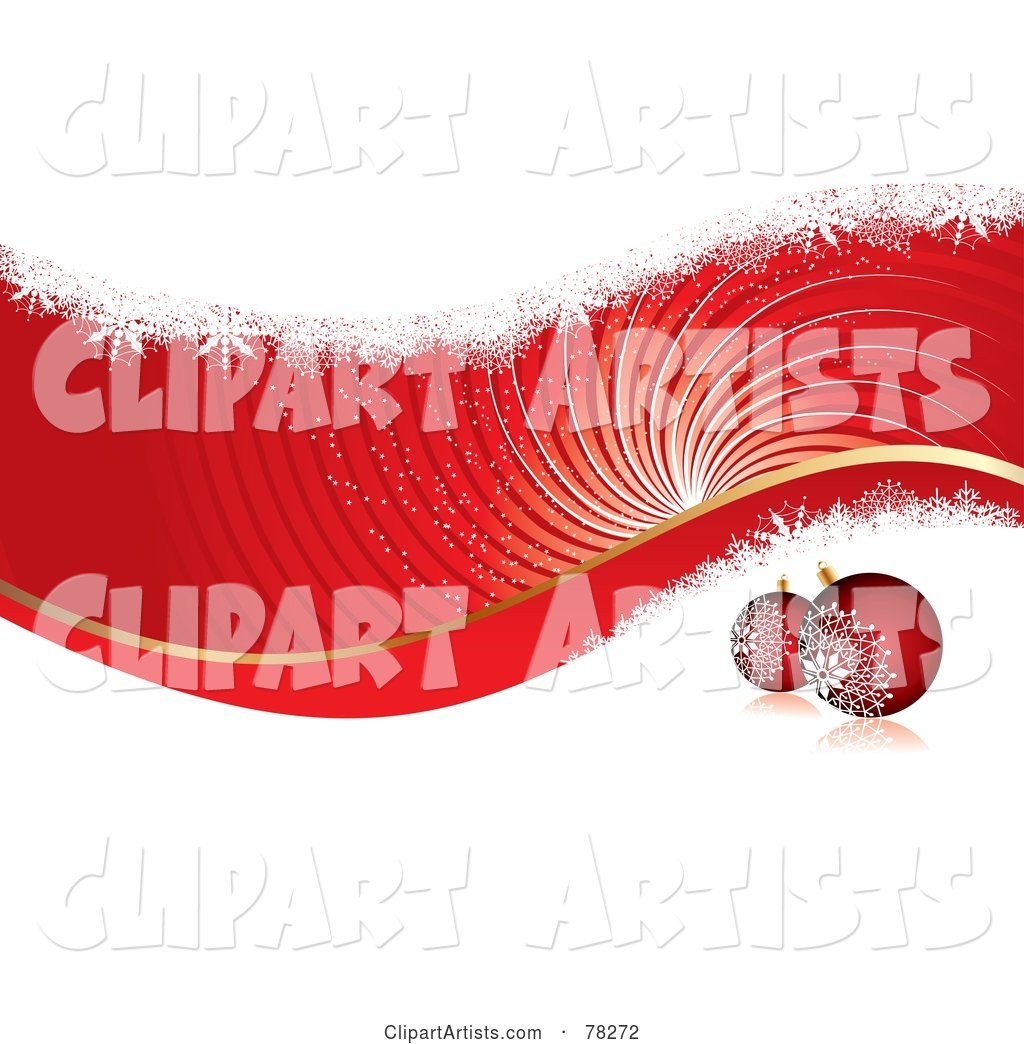 Red and White Christmas Swirl Background with Grunge and Baubles