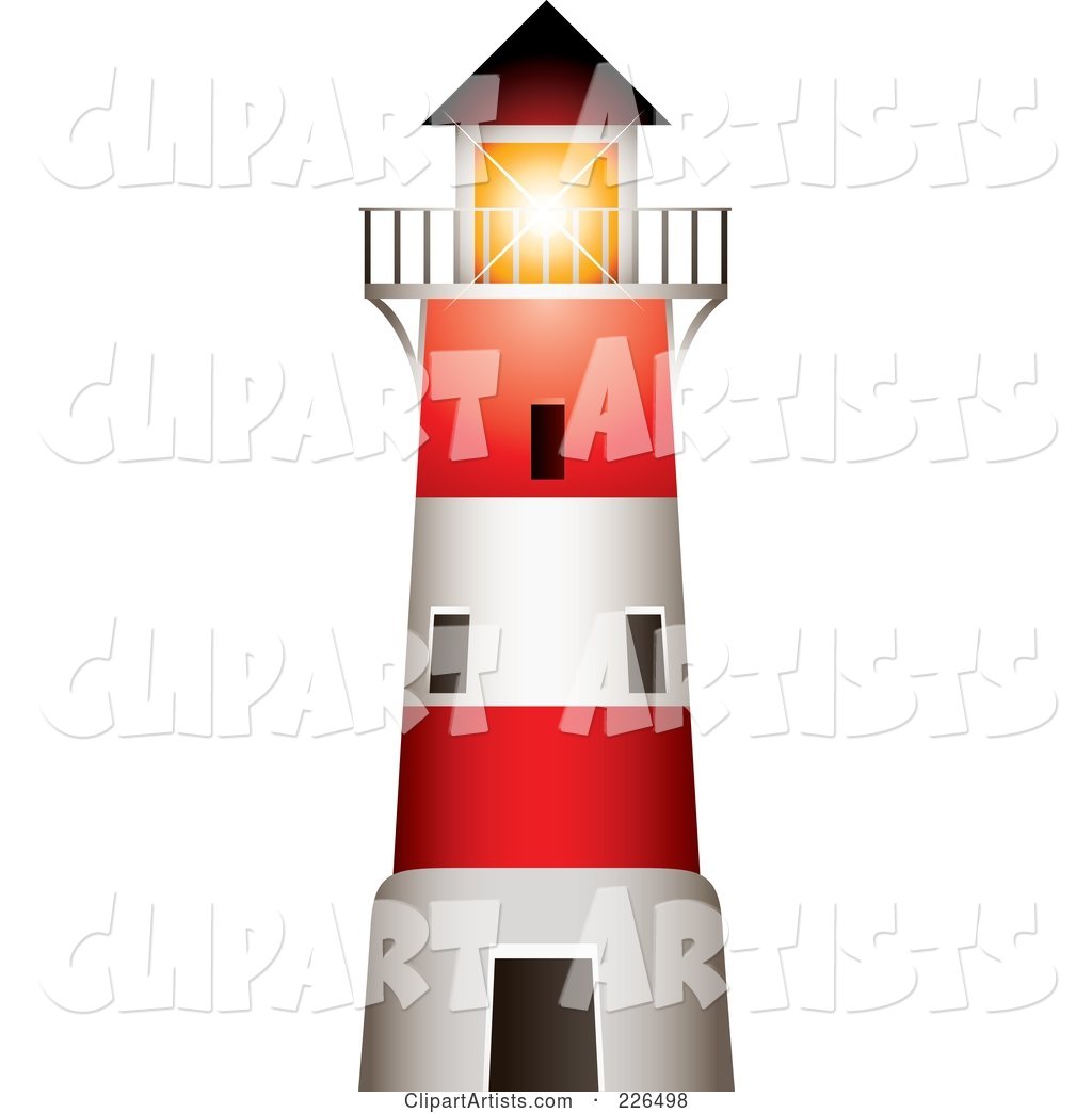 Red and White Lighthouse with a Bright Beacon Shining over the Balcony