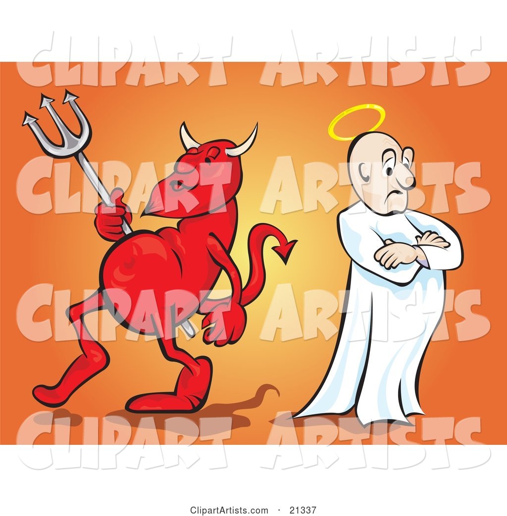 Red Devil Carrying a Pitchfork and Standing Back to Back with an Angel with a Halo